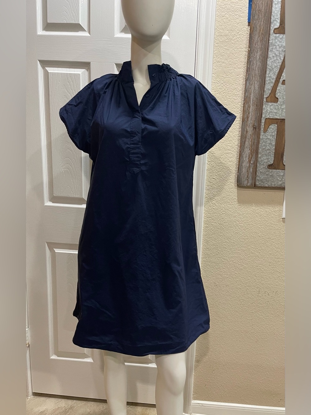 Caryn Lawn Emily Shift Dress Navy Blue Ruffle V-Neck One Size - Fits Sizes 4-12